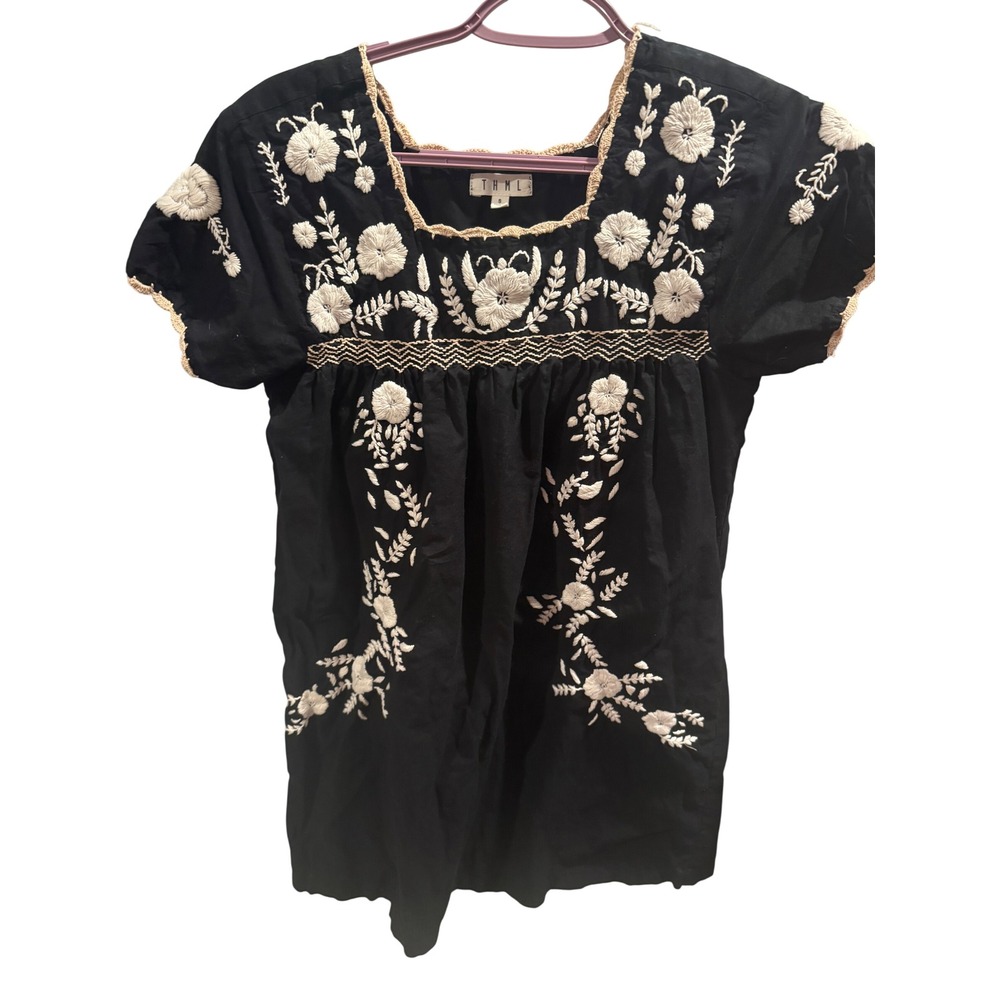 THML Black Embroidered Floral Boho Dress 
Square Neck Crochet Trim Small